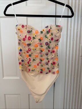 Never worn!Lovers + Friends Nude Mesh Bodysuit with Multicolor Floral Embroidery